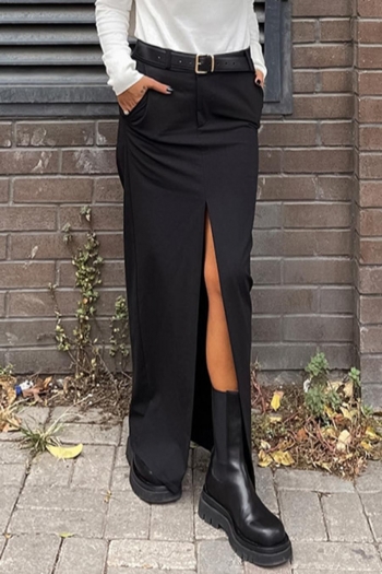stylish solid color non-stretch pocket zip-up slit maxi skirt