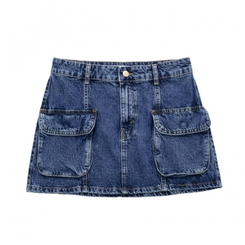 xs-l casual non-stretch high waist cargo denim mini skirt(size run small)