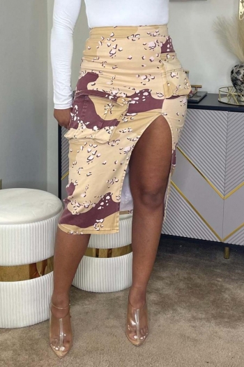 sexy plus size slight stretch high slit pocket camo printing midi skirt
