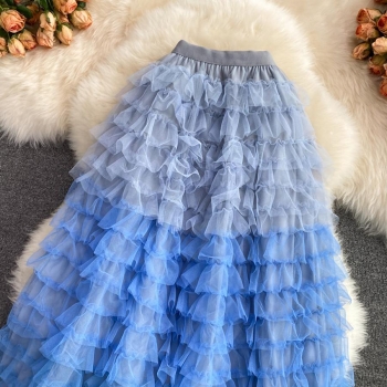 Stylish 4 colors non-stretch mesh color contrast all-match midi skirt