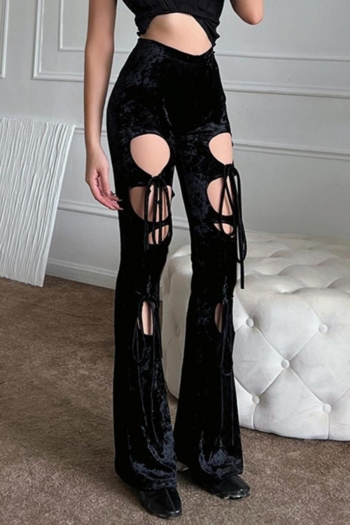 Sexy stretch velvet cut out lace-up pants