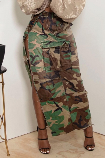 Sexy plus size non-stretch camo printing high slit pocket cargo maxi skirt