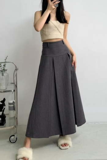 Stylish 3 colors non-stretch side zip-up high waist pleated maxi skirt