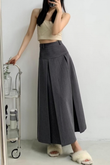 Stylish 3 colors non-stretch side zip-up high waist pleated maxi skirt
