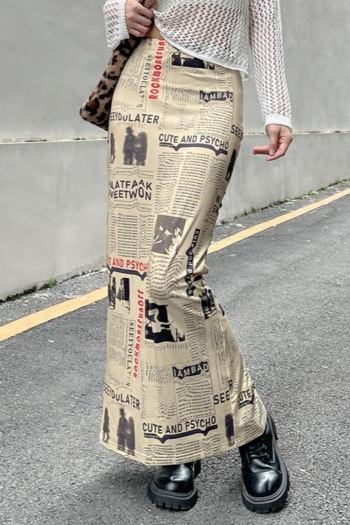 stylish stretch newspaper printing slit slim all-match maxi skirt