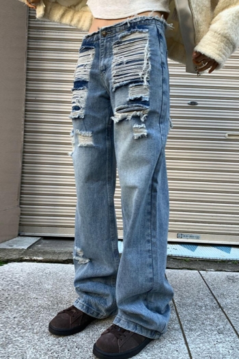 Casual grunge style non-stretch ripped straight jeans