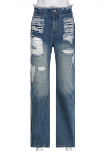 Casual grunge style non-stretch ripped straight jeans