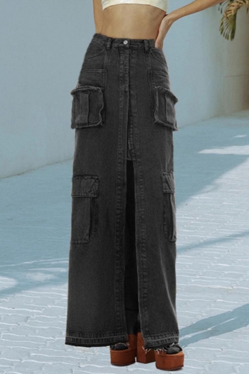 stylish non-stretch pocket zip-up high waist high street slit denim maxi skirt