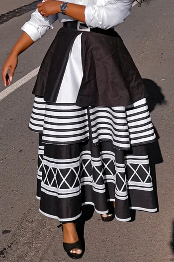 casual plus size slight stretch stripe rhombus print ruffle high waist maxi skirt