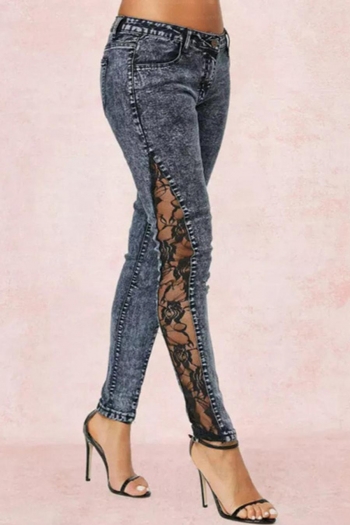 casual plus size slight stretch lace denim spliced slim zip-up jeans