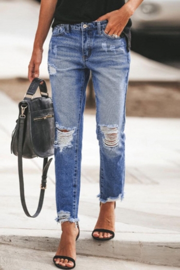 casual plus size slight stretch washed zip-up button ripped jeans