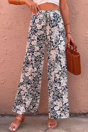 casual non-stretch flowers batch printing high waist zip-up wide leg pants