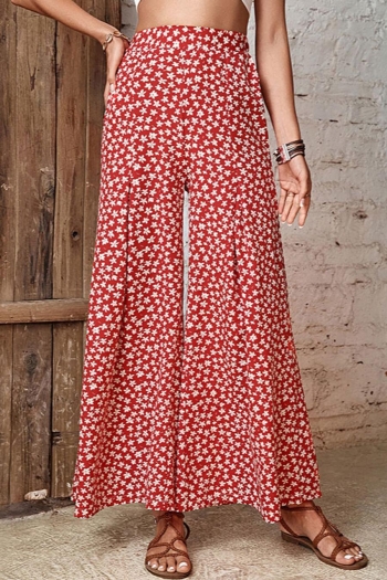 casual non-stretch floral batch printing high-waist flared wide-leg pants