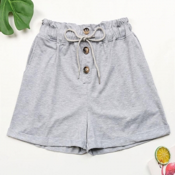 casual slight stretch solid pocket single breasted drawstring high waist shorts