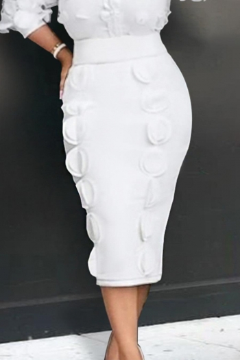 casual plus size slight stretch creative round patch zip-up slit slim midi skirt