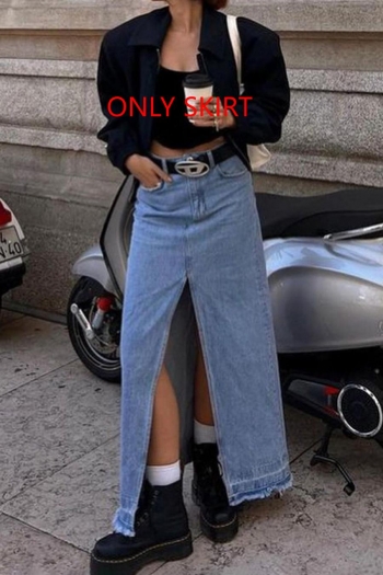 casual slight stretch denim high-waist slit maxi skirt