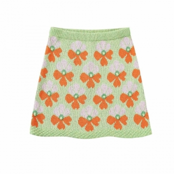 stylish slight stretch knitted flower jacquard slim all-match mini skirt