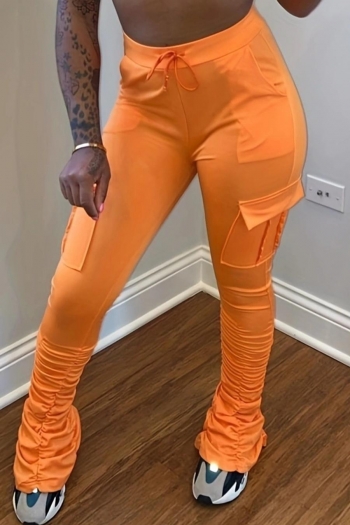 casual plus size solid color drawstring orange shirring pockets pants