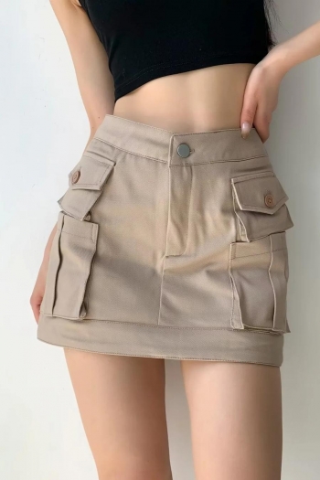 stylish non-stretch solid color high waist zip-up pocket mini cargo skirt size run small