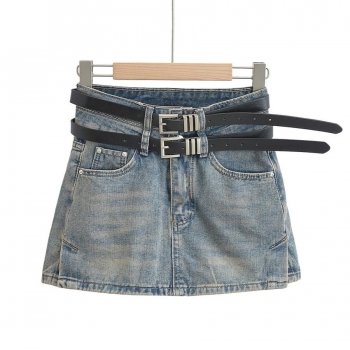 stylish non-stretch zip-up pocket double belt mini denim skirt size run small