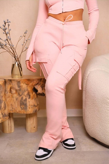 casual plus size slight stretch solid color pocket slit mid-waist cargo pants