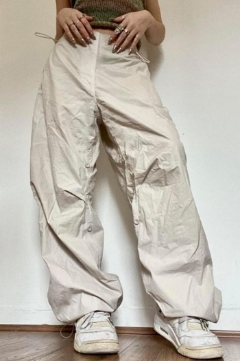 stylish non-stretch simple solid color loose drawstring pocket cargo pants
