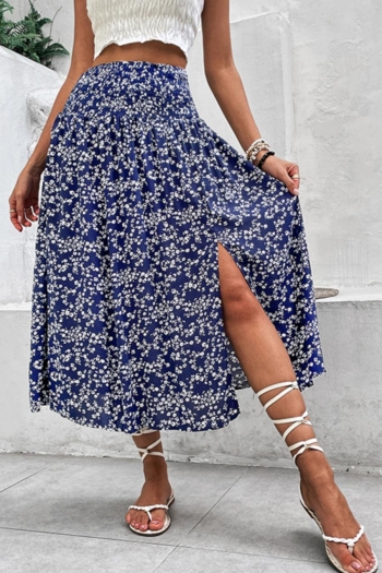 casual non-stretch slit flower batch printing midi skirt