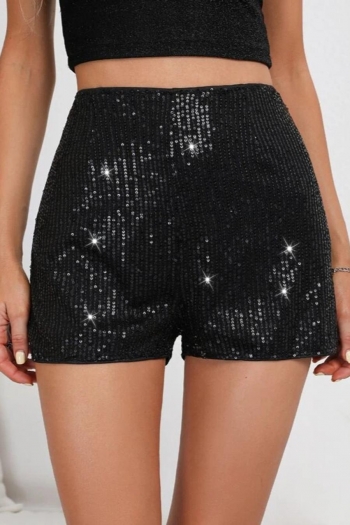 stylish slight stretch solid color sequins mid waist hot pants slim shorts