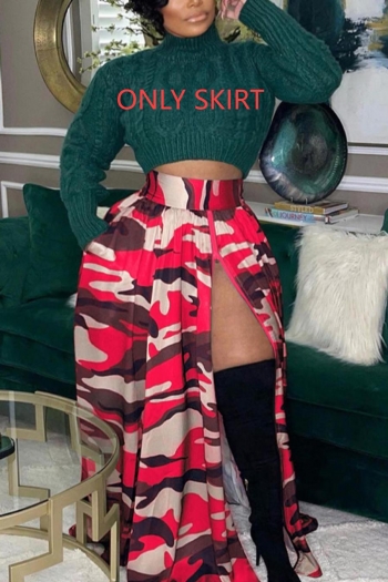 stylish l-4xl plus size stretch camo printing zip-up high waist maxi skirt