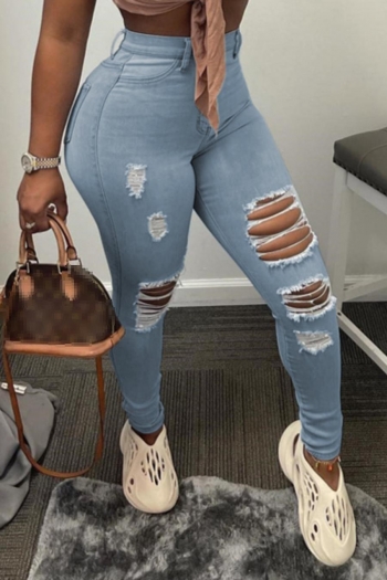 casual slight stretch denim hole decor high-waist jeans