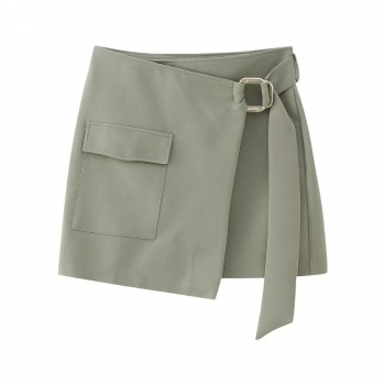 xs-l office lady style non-stretch metallic buckle wrap mini skirt