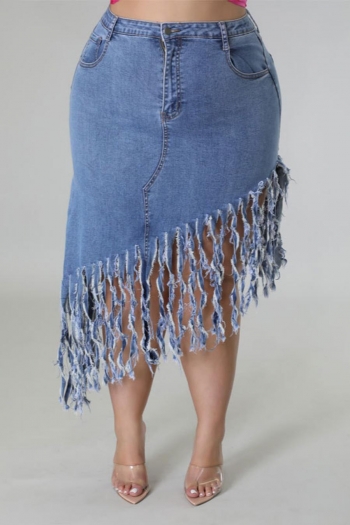stylish plus size slight stretch tassel denim midi skirt(only skirt)