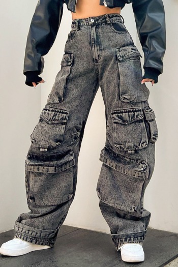 stylish non-stretch multi-pocket washed cargo denim pants(size run small)