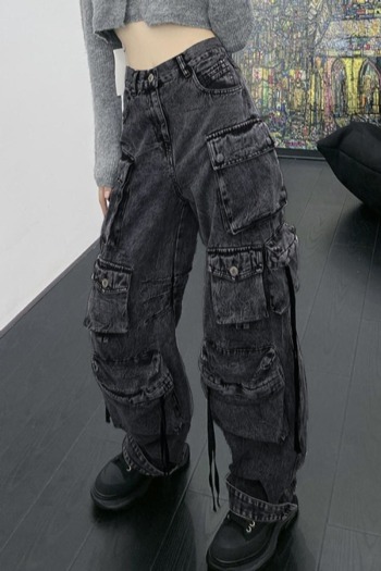 high street casual non-stretch multi-pocket cargo denim trousers(size run small)