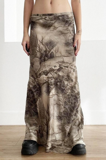 vintage stretch ink painting printing all-match midi skirt