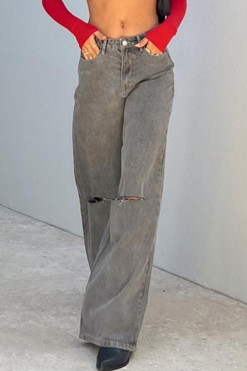 casual non-stretch denim hole high-waist jeans
