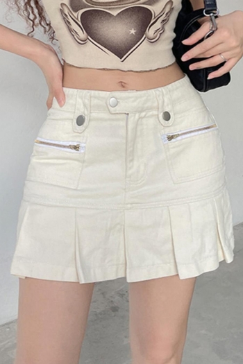 stylish non-stretch solid color denim cargo pleated mini skirt(with lined)