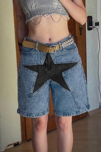 stylish non-stretch pentagram patch high waist cargo denim shorts(no belt)