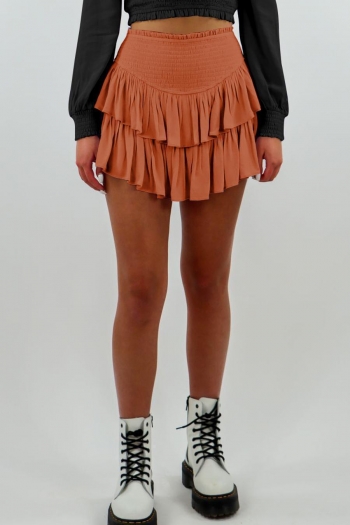 bohemian solid color slight stretch ruffle high waist lined mini skirt