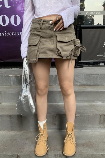 sexy solid color non-stretch zip-up pocket denim cargo mini skirt