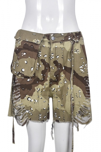 stylish plus size non-stretch camo printing ripped zip-up pocket shorts