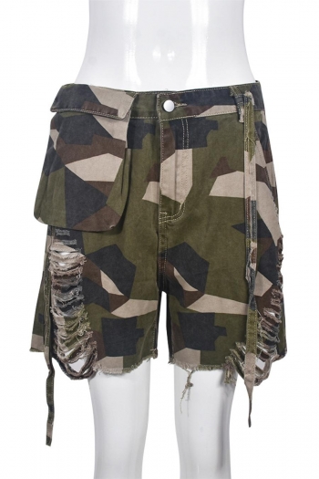 stylish plus size non-stretch camo printing ripped zip-up pocket shorts #1