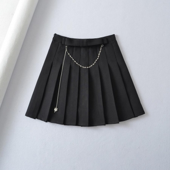 stylish non-stretch solid zip-up chain pleated lined mini skirt size run small