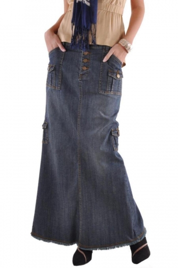 casual plus size non-stretch denim high-waist slit maxi skirt