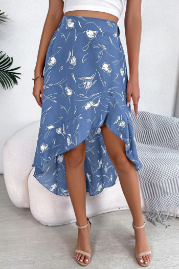 stylish non-stretch batch printing ruffle irregular all-match midi skirt