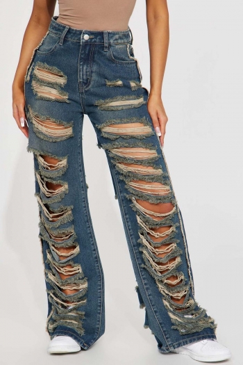 sexy plus size non-stretch ripped zip-up denim trousers