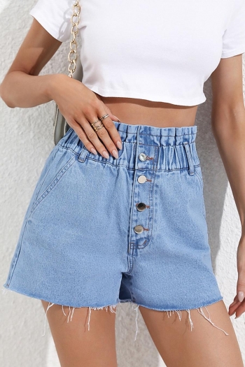 casual non-stretch high-waist single-breasted pocket loose denim shorts