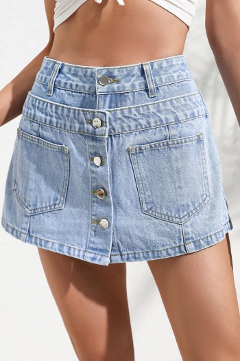 casual non-stretch high-waist single-breasted pocket mini denim skort
