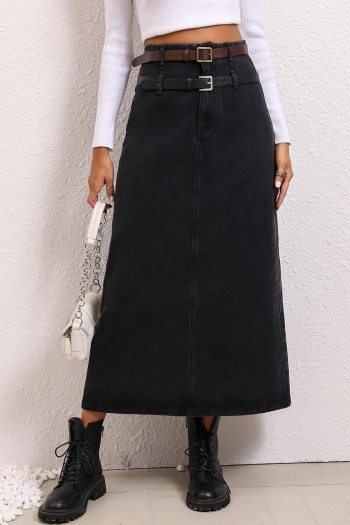 stylish non-stretch solid color double belt slit all-match midi denim skirt