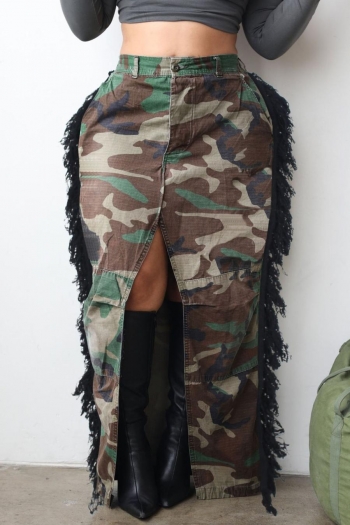 sexy plus size non-stretch camo printing tassel high slit denim maxi skirt